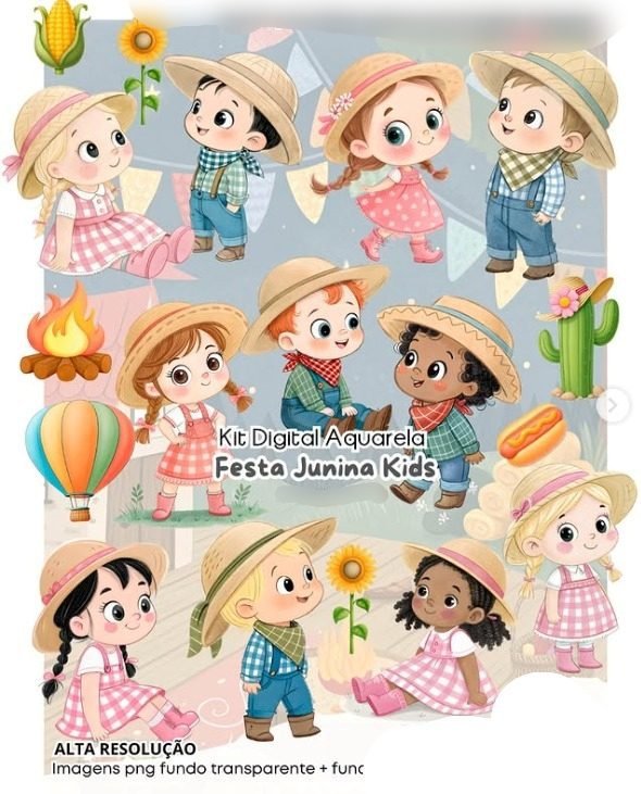 025 - FESTA JUNINA KIDS AQUARELA Kit Digital FESTA JUNINA KIDS AQUARELA - Imagem 1
