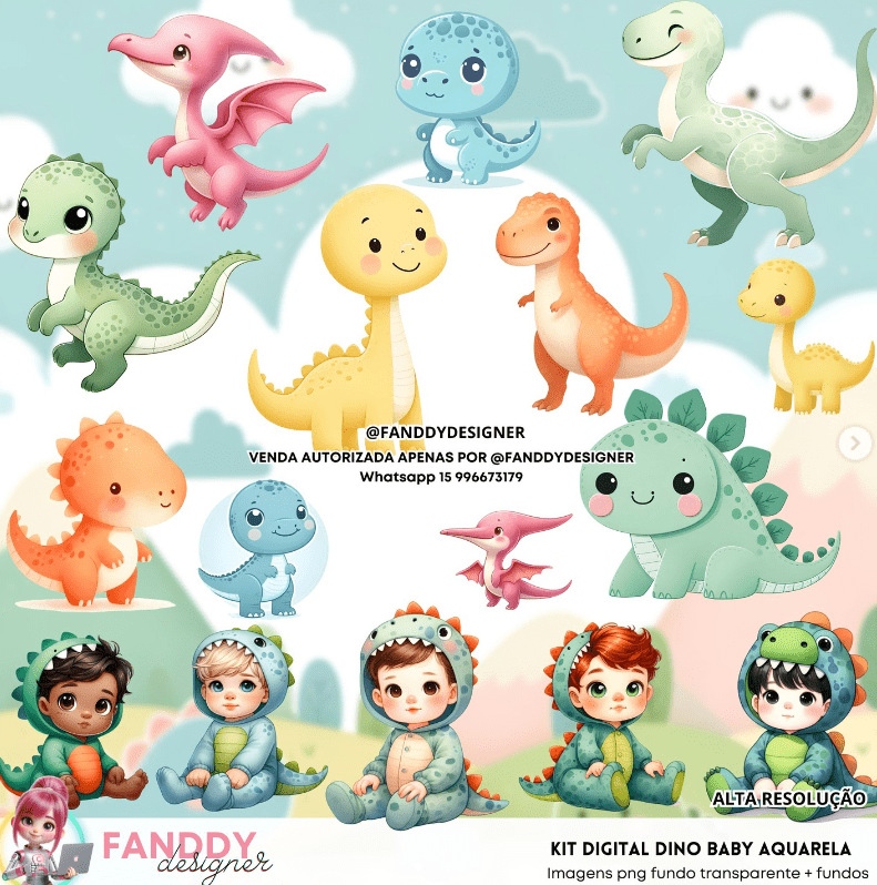 127 - DINO BABY AQUARELA Kit Digital Dino Baby - Imagem 1