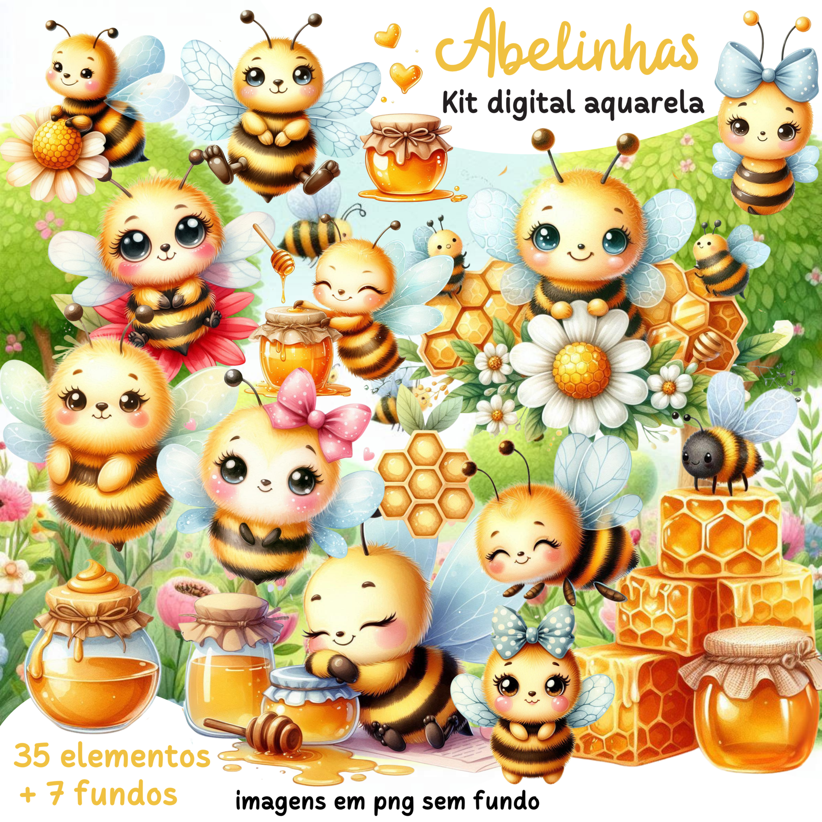37 - Abelinhas aquarela Kit Digital Abelhinhas - Imagem 1