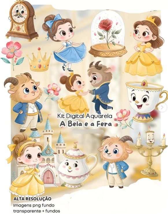 39-A BELA E A FERA AQUARELA Kit Digital A Bela e a Fera - Imagem 1
