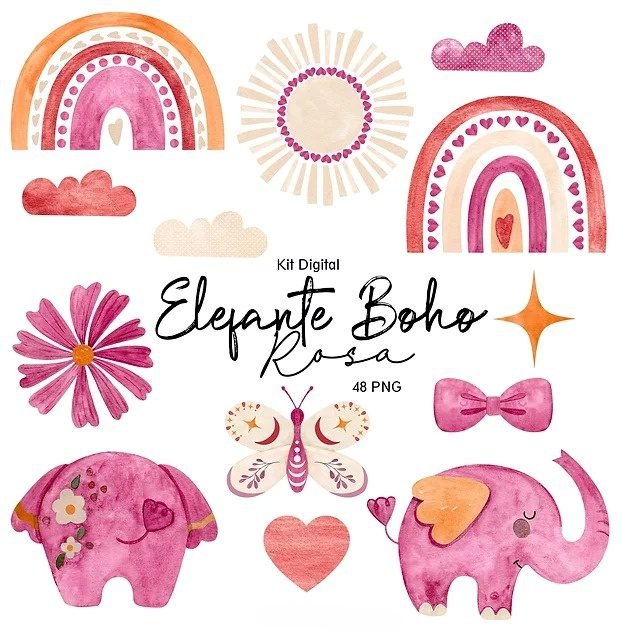 ELEFANTE BOHO ROSA Kit Digital Elefante Boho Rosa - Imagem 1