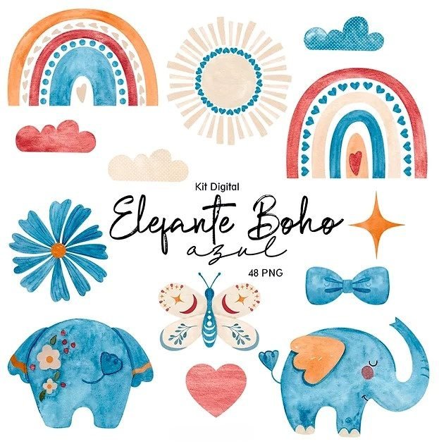 ELEFANTE BOHO Kit Digital Elefante Boho Azul - Imagem 1