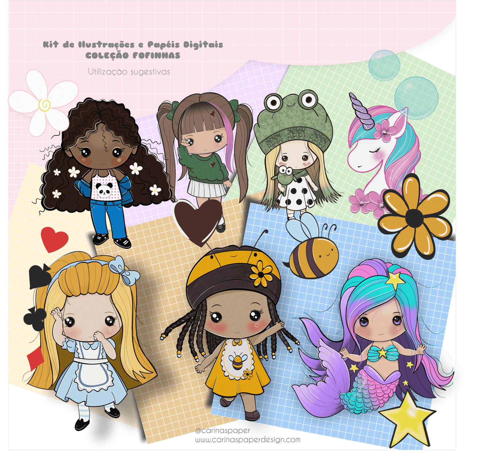 Ilustrações Fofinhas Kit Digital Ilustrações Meninas Fofinhas - Imagem 1