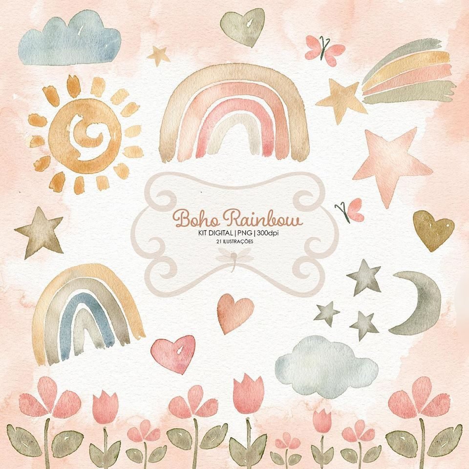Kit Boho Rainbow - Libélula Studio Criativo Kit Digital Kit Papel Boho Rainbow - Imagem 1