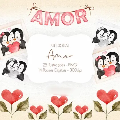 Kit Digital AMOR Kit Digital Dia dos Namorados Amor Pinguim - Imagem 1