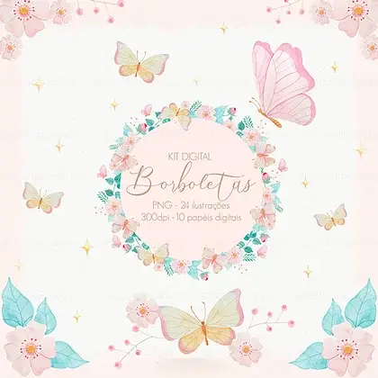 Kit Digital Borboletas Kit Digital Borboletas Aquarela Floral - Imagem 1