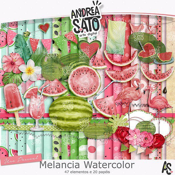 MelanciaWatercolor Kit Digital Papeis Melancia Watercolor - Imagem 1
