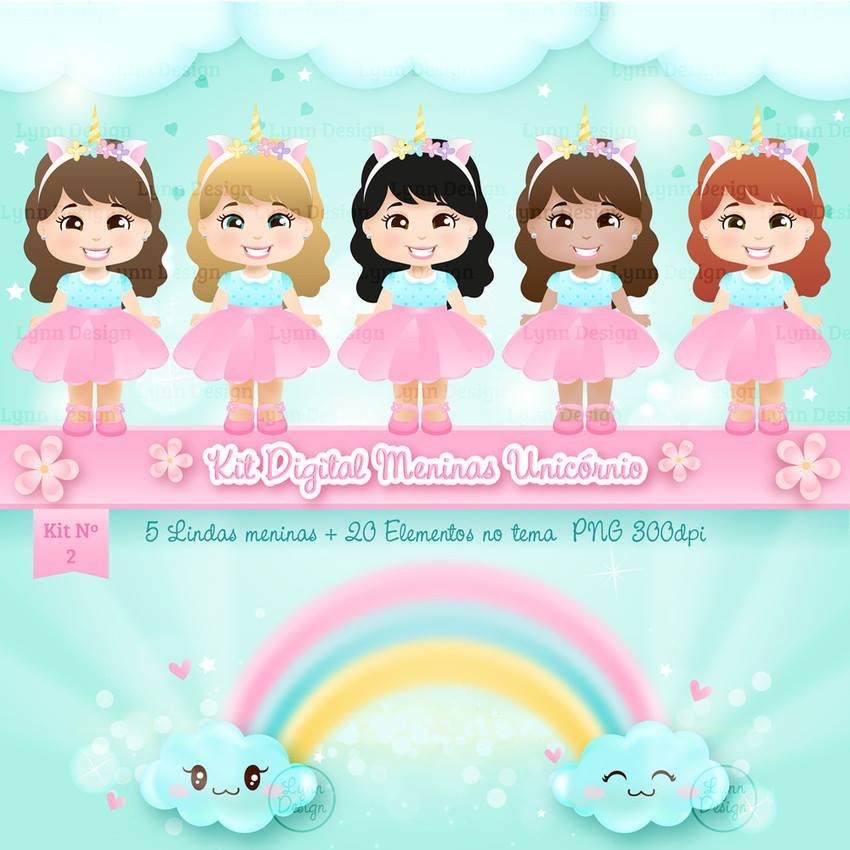 Meninas Unicornios2 Kit Digital Meninas Cacheadas Unicórnio - Imagem 1