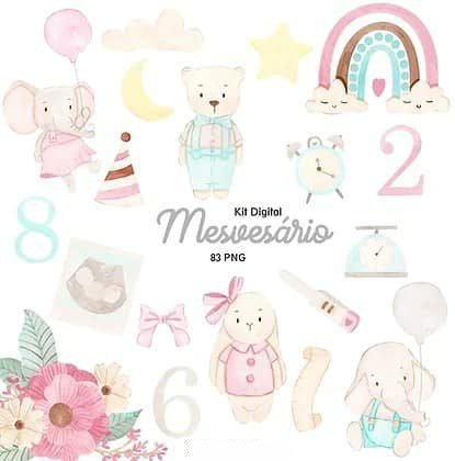 Mesversário Kit Digital Mêsversário Aquarela - Imagem 1