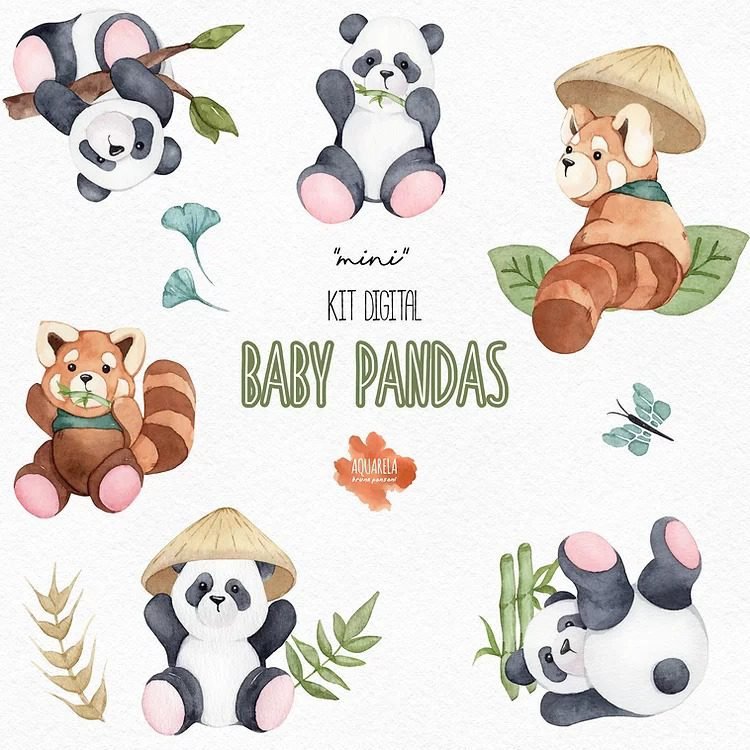 Mini Kit Digital - Pandas Kit Digital Baby Pandas Aquarela - Imagem 1