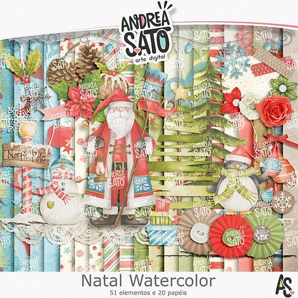 NATAL WATERCOLOR Kit Digital Papeis Natal Watercolor - Imagem 1