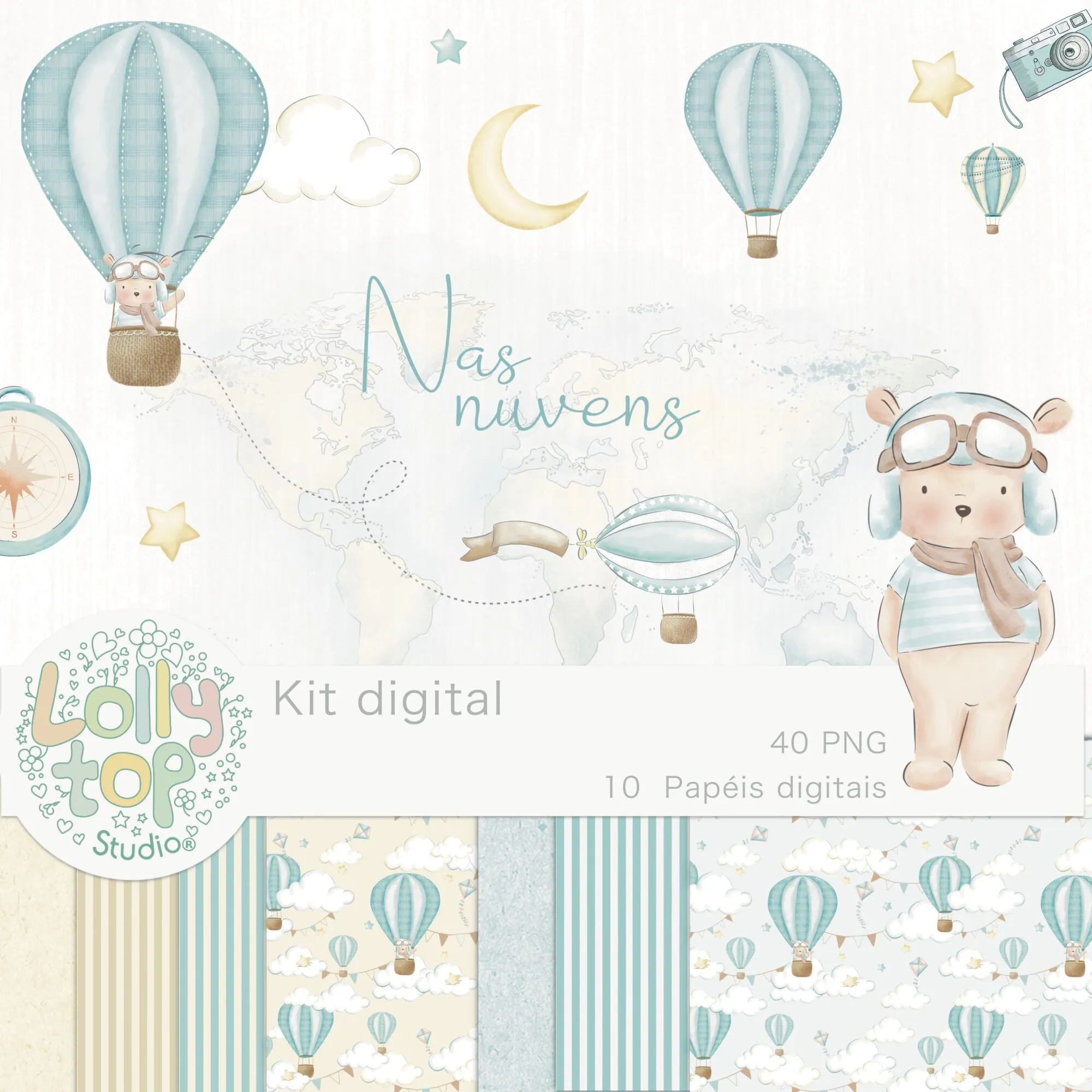 Nas nuvens ursinho baloeiro - Ilustrações Kit Digital Ursinho Baloeiro nas Nuvens - Imagem 1