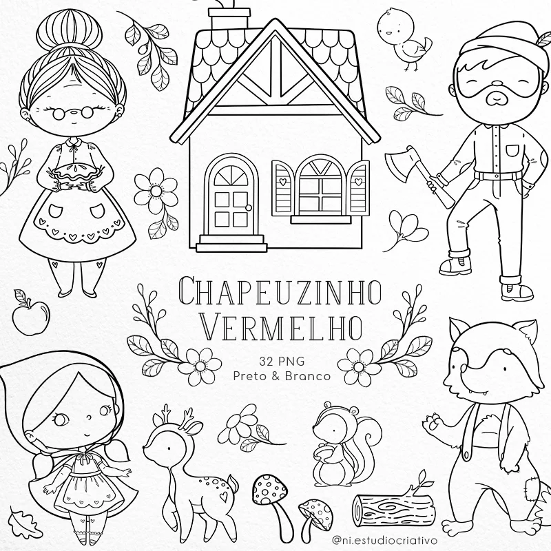 PB0002 Chapeuzinho Vermelho Kit Digital chaéuzinho vermelho preto e branco - Imagem 1
