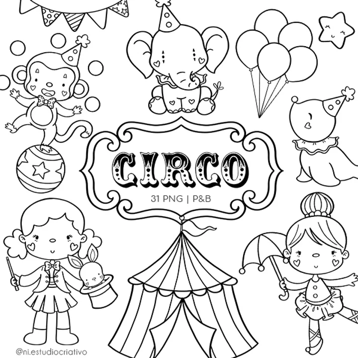 PD0005 Circo Rosa Preto e branco Kit Digital circo preto e branco - Imagem 1