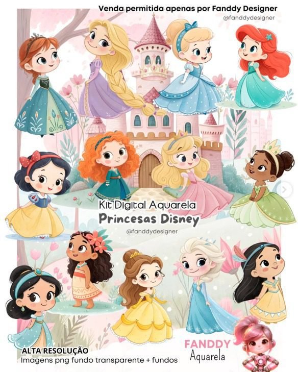 PRINCESAS DISNEY AQUARELA Kit Digital PRINCESAS DISNEY AQUARELA - Imagem 1
