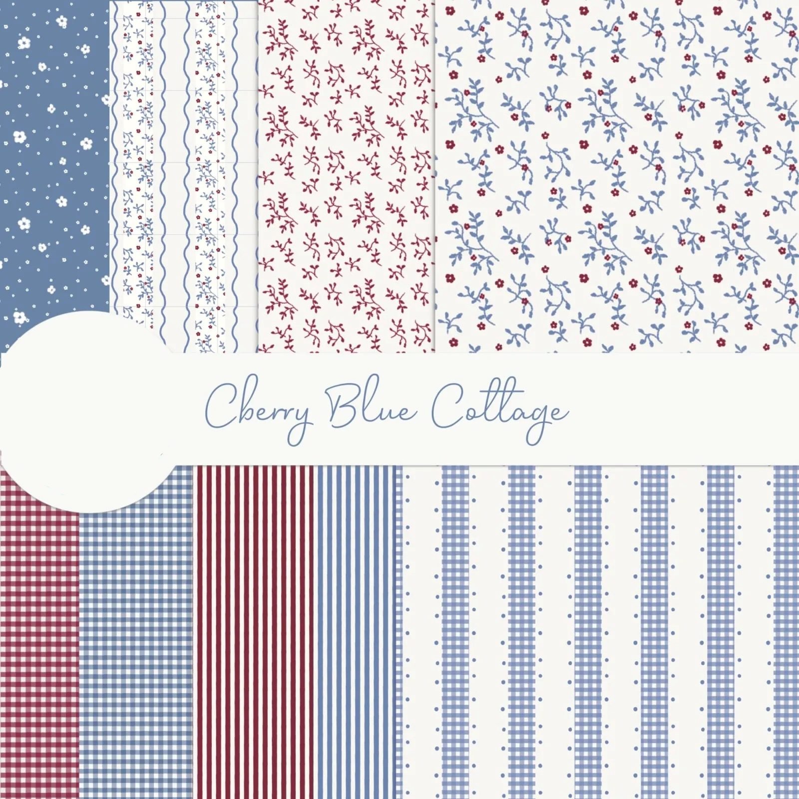 Papéis Cherry Blue Cottege - Azul e Vermelho Kit Digital Papeis Cerejas Azul - Imagem 1
