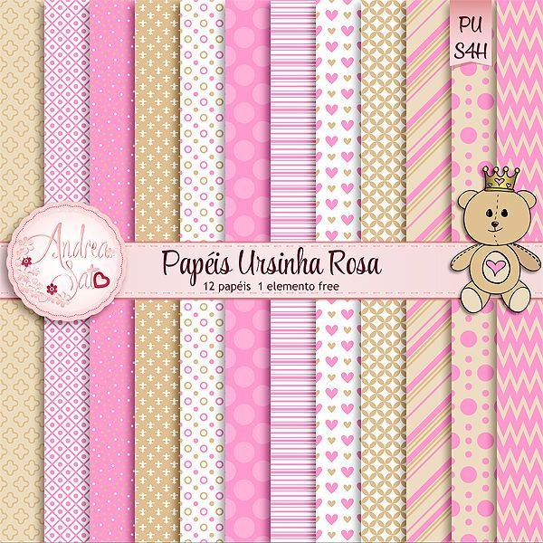 Papeis Ursinha Rosa Kit Digital Papeis Ursinha - Imagem 1
