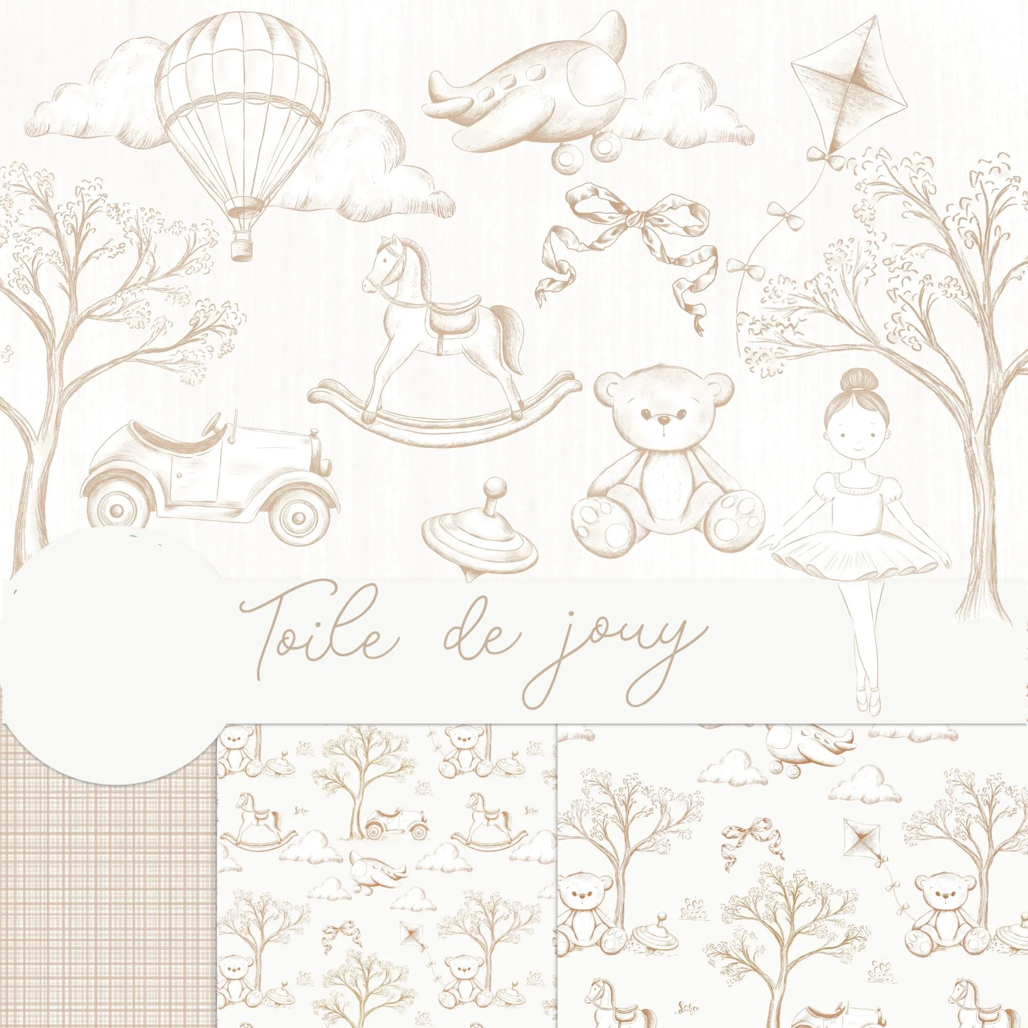 Toile de jouy – Brinquedos – Beje.jpg Kit Digital Toile de Jouy Brinquedos Bege - Imagem 1