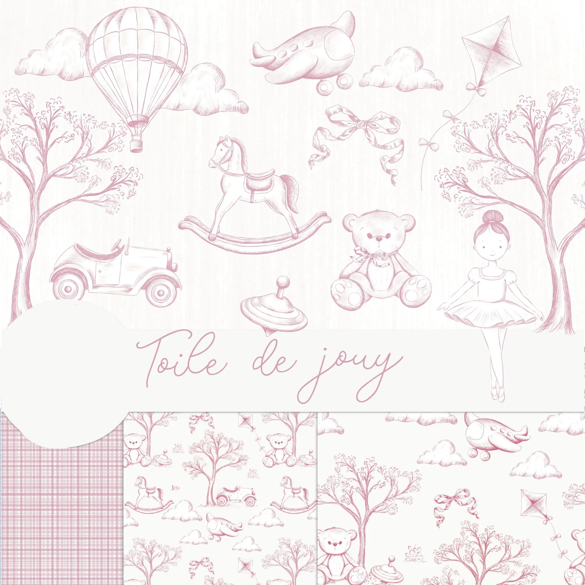 Toile de jouy – Brinquedos – Rosa.jpg Kit Digital Toile de Jouy Brinquedos Rosa - Imagem 1