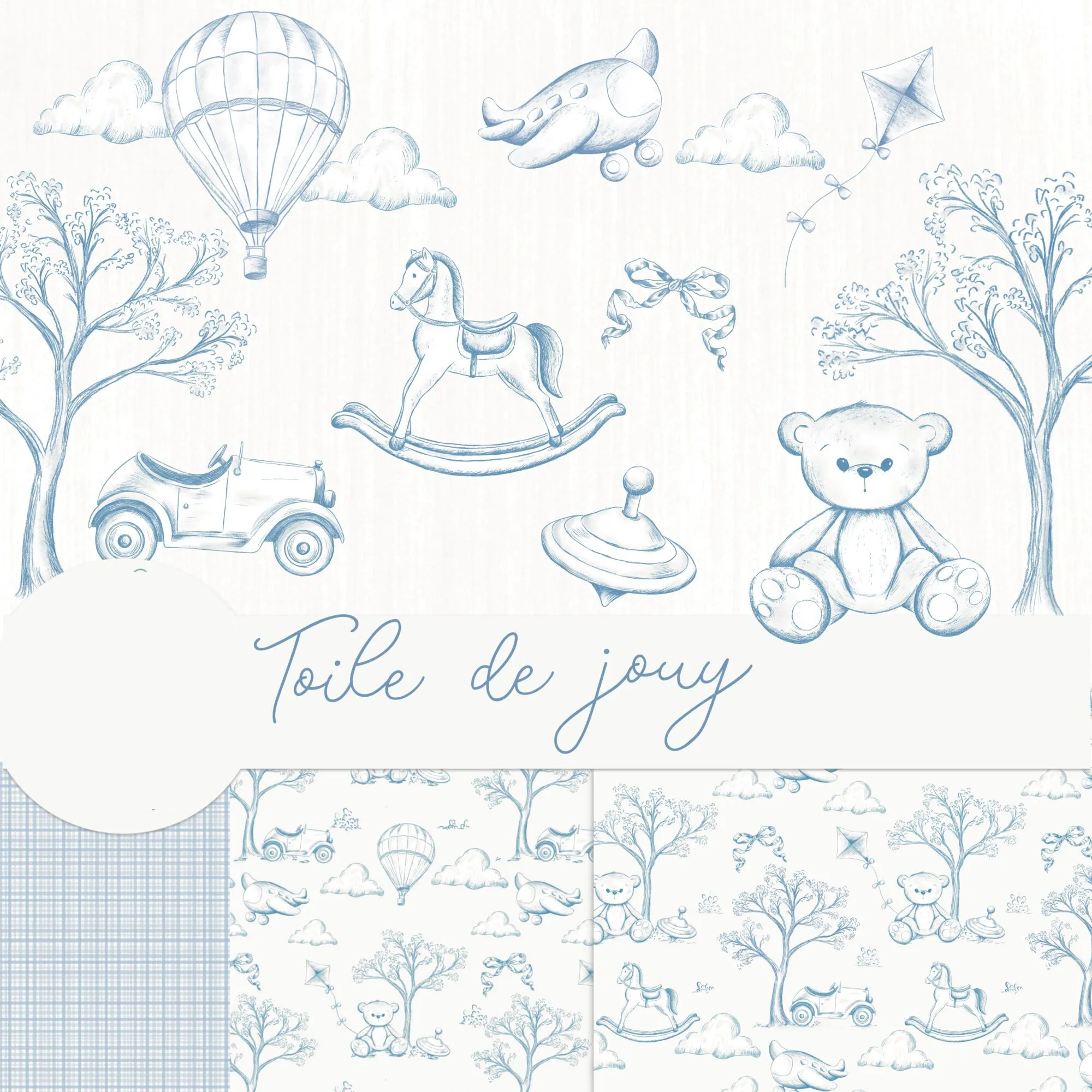 Toile de jouy – Brinquedos – azul.jpg Kit Digital Toile de Jouy Brinquedos Azul - Imagem 1