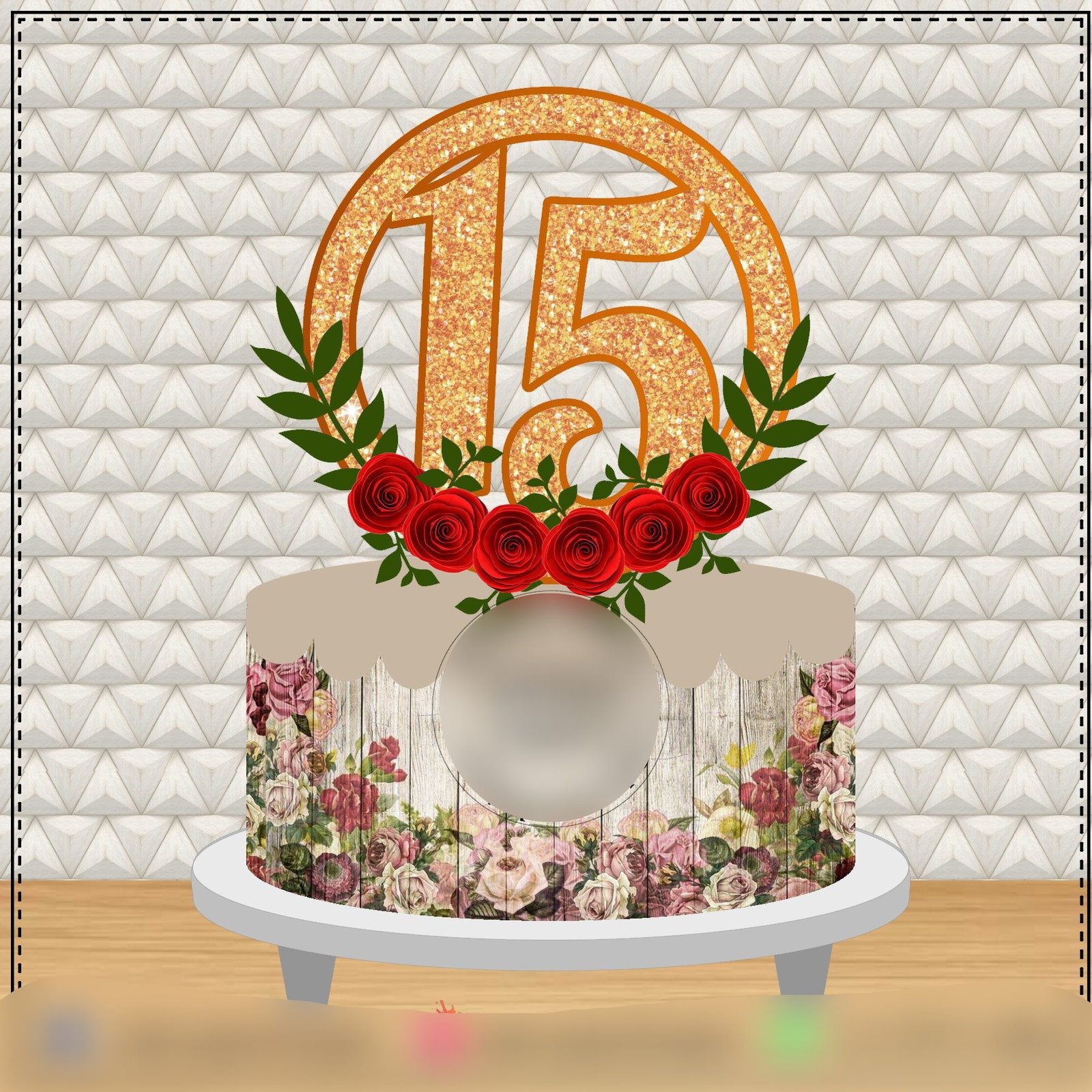 Topo 15 anos Circular Floral Arquivo Topo de Bolo 15 anos Circular Floral - Imagem 1