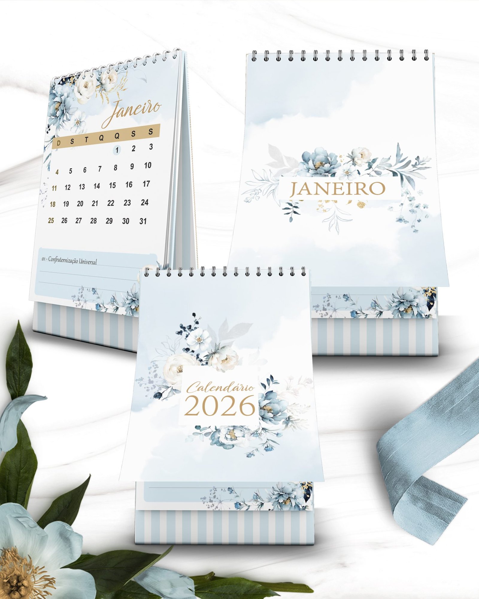 Arquivo Floral Azul Calendários 2026 - Imagem 3