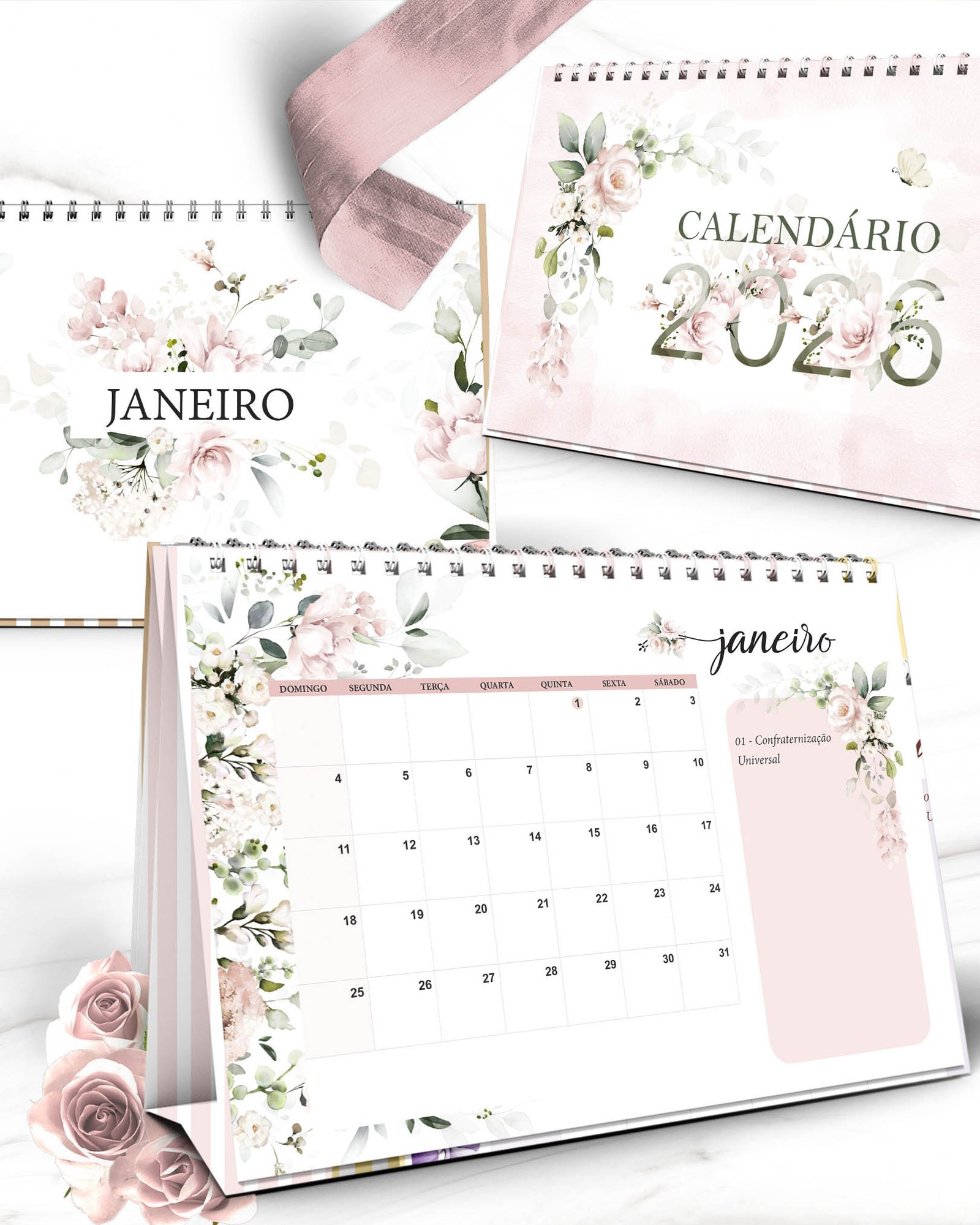 Arquivo Floral Rosa Calendários 2026 - Imagem 3