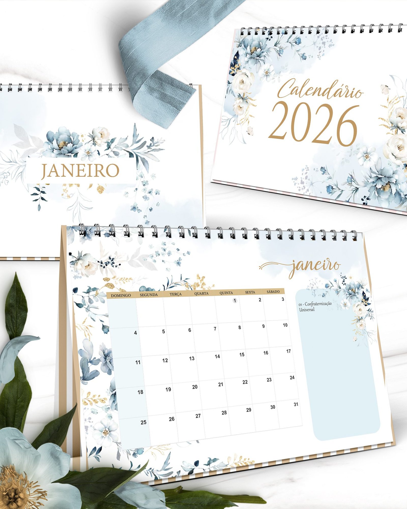 Arquivo Floral Azul Calendários 2026 - Imagem 2