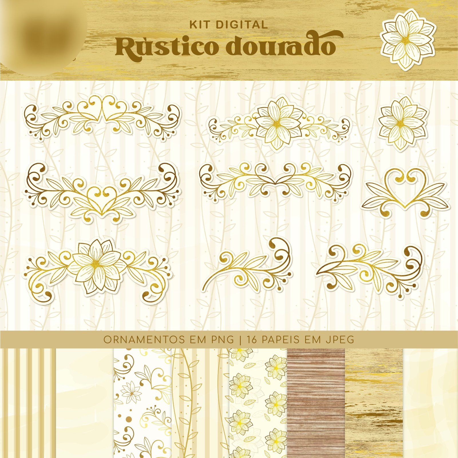2023 - KifC_KitDigital-Rustico-Dourado Kit Digital Papeis Rustico Dourado - Imagem 1