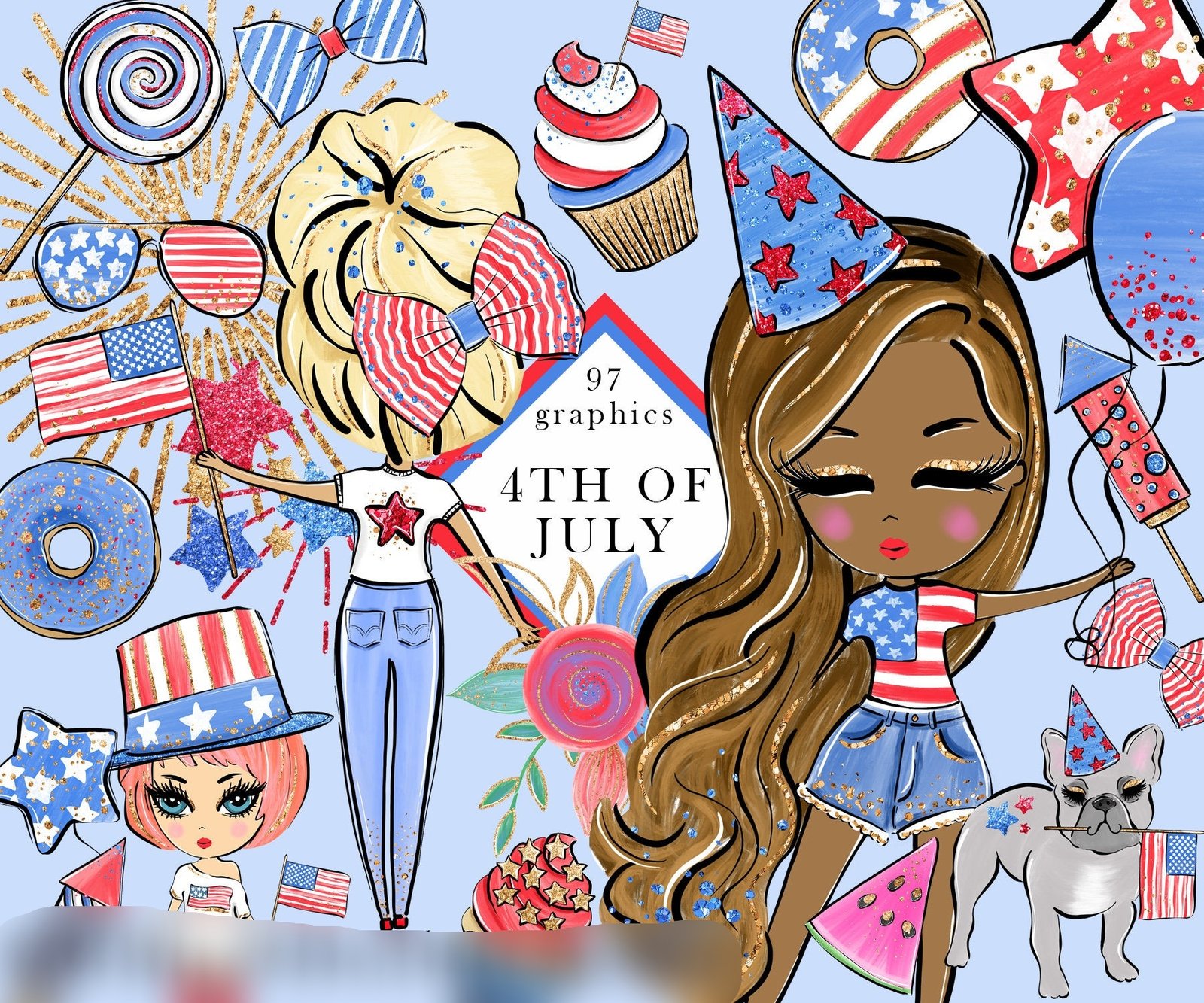 4th of July Girls Clipart Arquivo Kit Digital Festa Nos Estados Unidos - Imagem 1