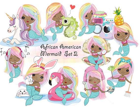 African American Mermaid Set 2 Kit Digital Sereias Afro-Aamericana - Imagem 1