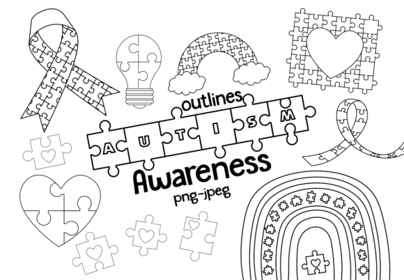 Autism Awareness Clipart - Outlines Kit Digital Autismo Pintura Contorno - Imagem 1