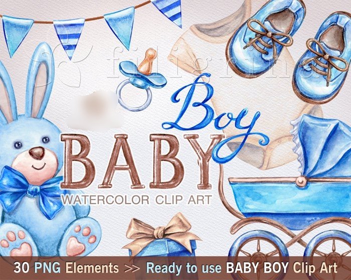 BABY_BOY_watercolor_Clip_Art_elements Arquivo Kit digital Bebê Azul - Imagem 1