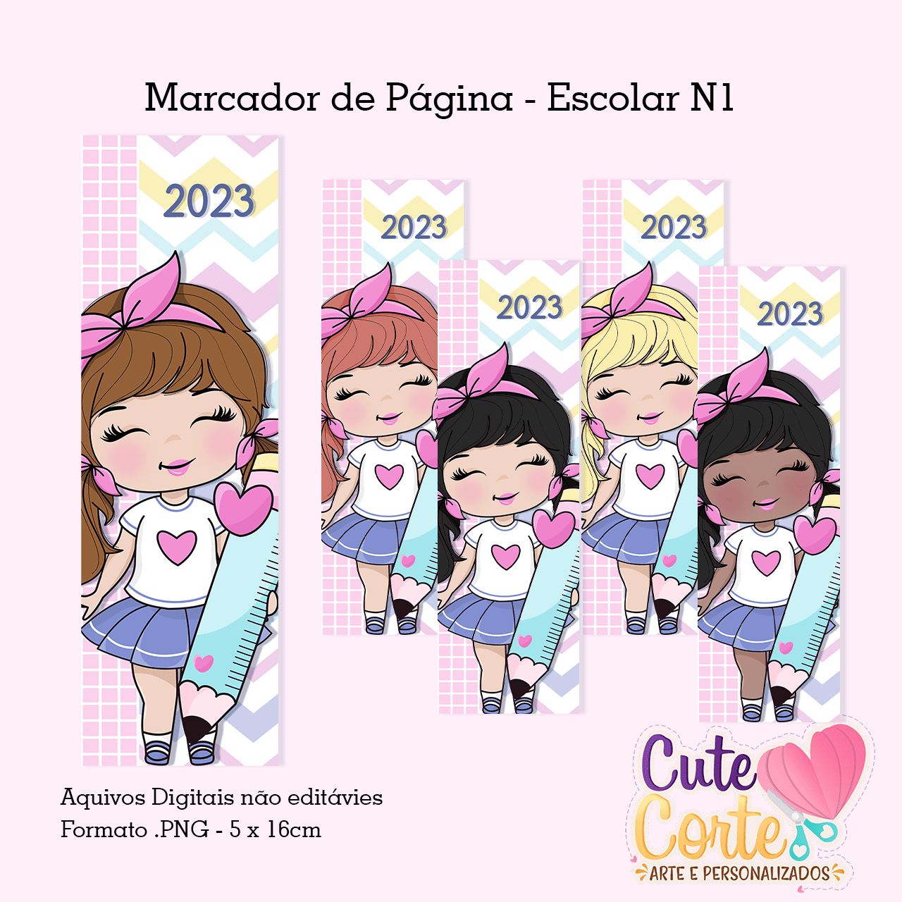 BRINDE Marcador-de-paginas_EscolarN1-CuteCorte Kit Digital Papeis Marcador Escolar - Imagem 1
