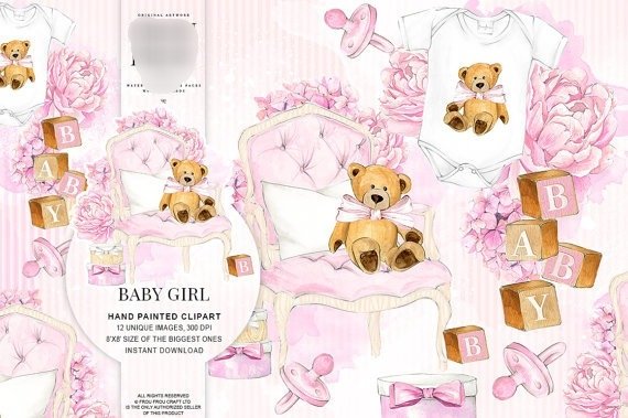 Baby Girl Clipart Kit Digital Baby Ursinho Girls - Imagem 1