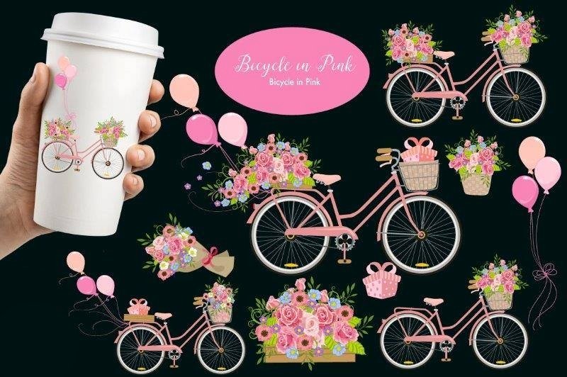 Bicycle in Pink Clipart Kit Digital Bicicleta Pink - Imagem 1