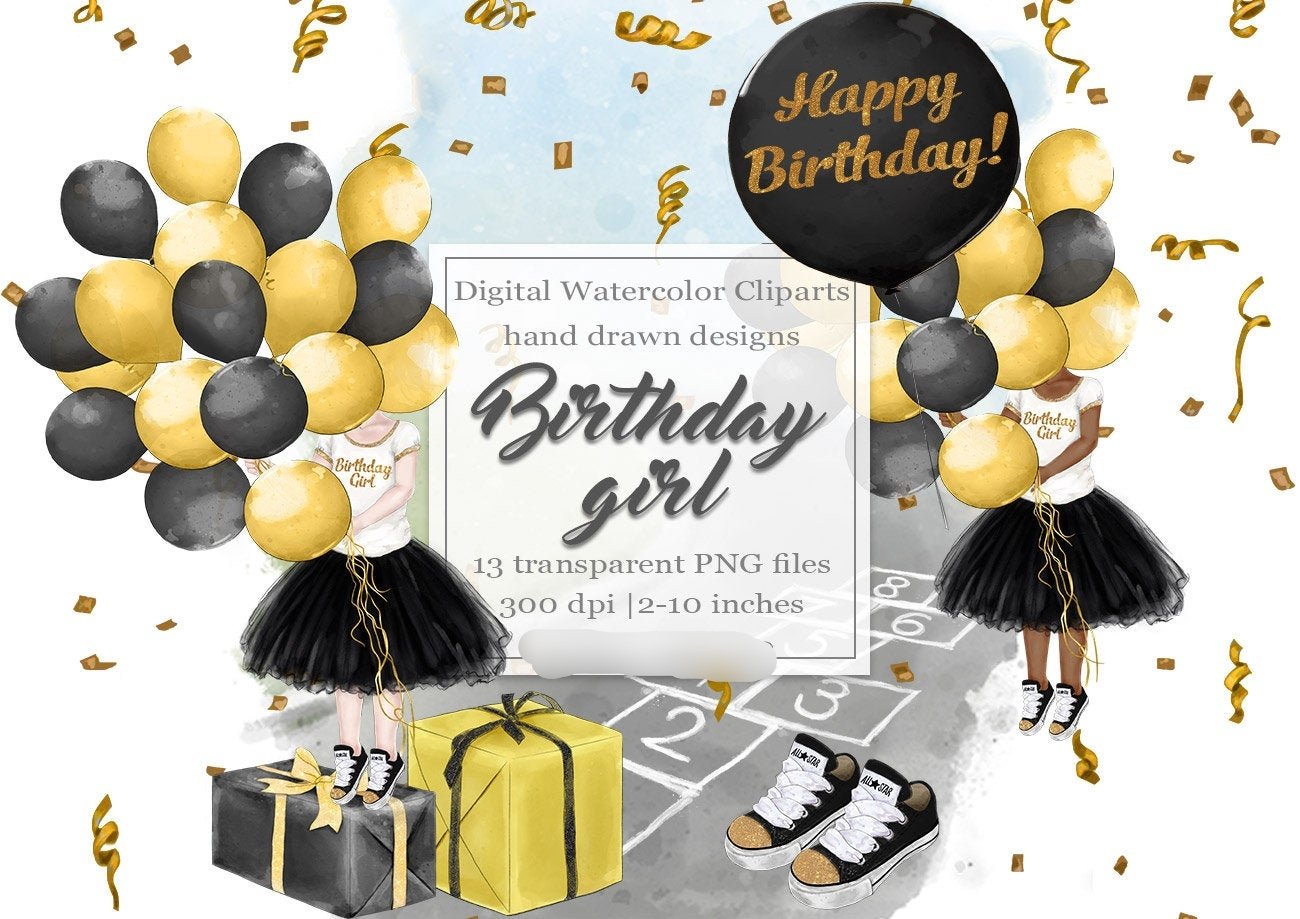Birthday Girl Clipart Kit Digital Feliz Aniversario Preto Dourado - Imagem 1