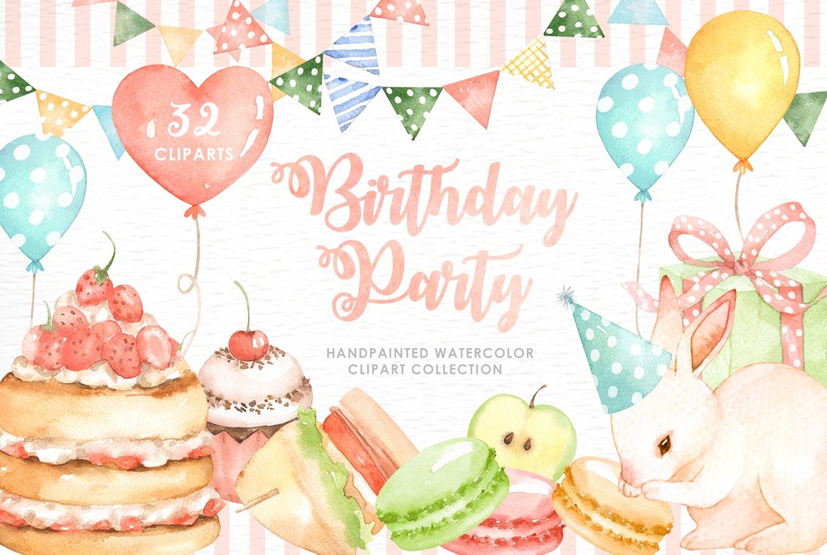 Birthday Party Bunny Watercolors Kit Digital Coelhinhos Festa de Aniversário - Imagem 1