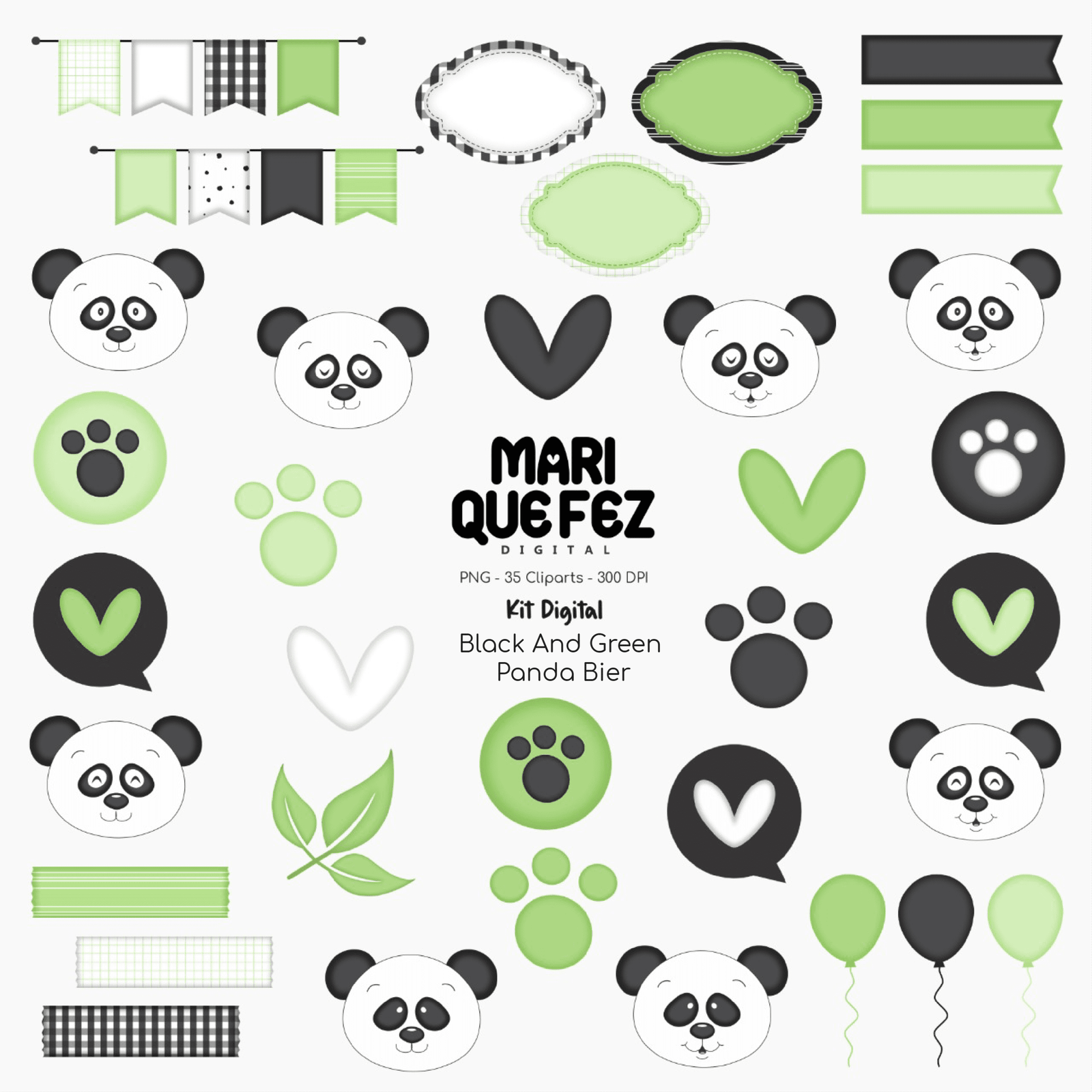 Black And Green Panda Bier Kit Digital Figurinhas Pandas Verde - Imagem 1