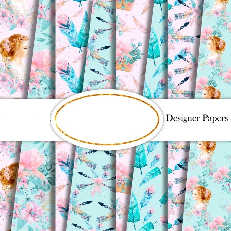 Boho Dreams PP-GraceAnn Arquivo Kit Digital Papéis Florais em Tons de Rosa e Azu - Imagem 1