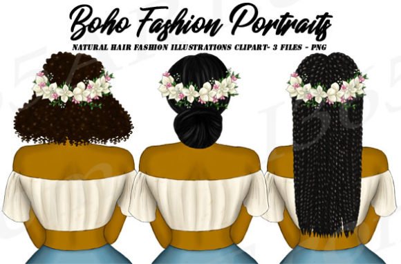 Boho-Fashion-Black-Girl-Clipart-Set-PNG-by-Deanna-McRae Arquivo Kit Digital Mulheres Negras com coroa de flores no cabelo - Imagem 1