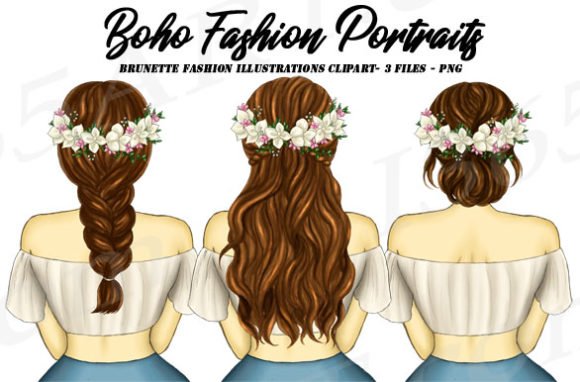 Boho-Fashion-Brunette-Girl-Clipart-PNG-by-Deanna-McRae Arquivo Kit Digital Mulheres Ruivas com coroa de flores no cabelo - Imagem 1