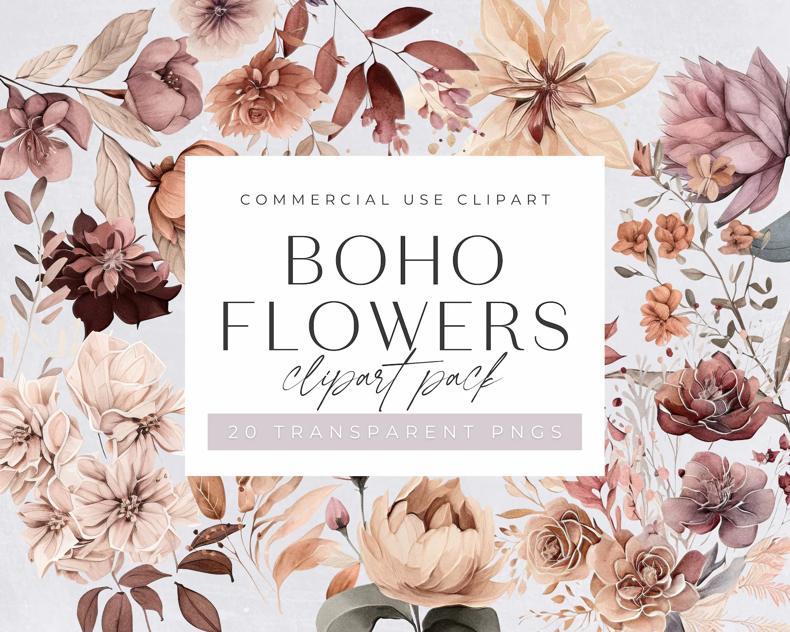 Boho Watercolor Floral Clipart Pack, Clipart for commercial use, Neutral, Transparent PNGs, Wedding Botanical Florals, Autumn Dried Flowers.jpg Arquivo Kit Digital Aquarela Estilo Boho - Imagem 1