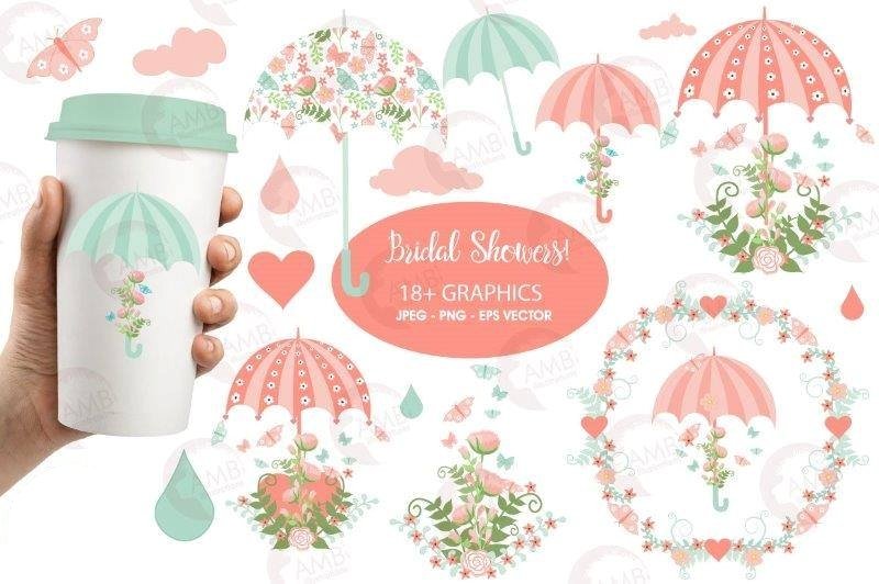 Bridal Shower Clipart Kit Digital Guarda Chuvas Floral - Imagem 1