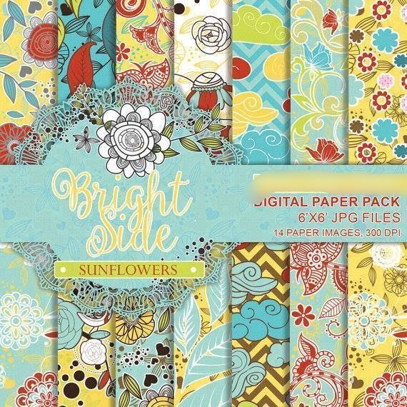 Bright Side Sunflowers Arquivo Kit Digital Papéis florais em tons de Azul, Branco, amarelo - Imagem 1