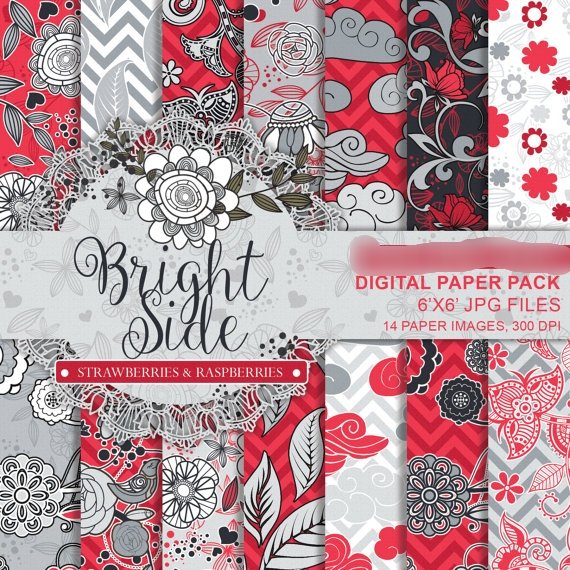 BrightSideStrawberriesandRaspberrie Arquivo Kit Digital Papéis flores - Imagem 1