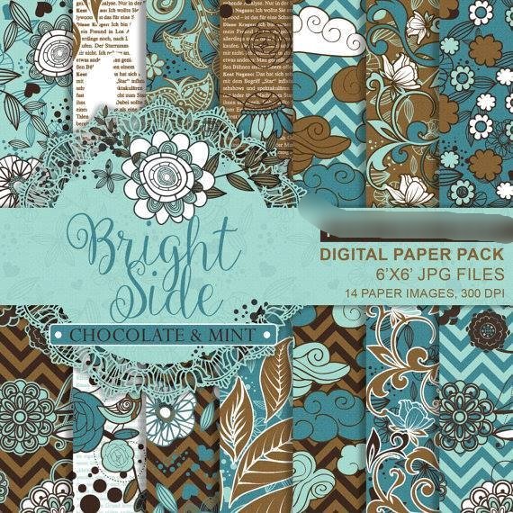 Brigth Side Chocolante _ Mint Kit Digital Papeis Flores Chocolate Hortelã - Imagem 1