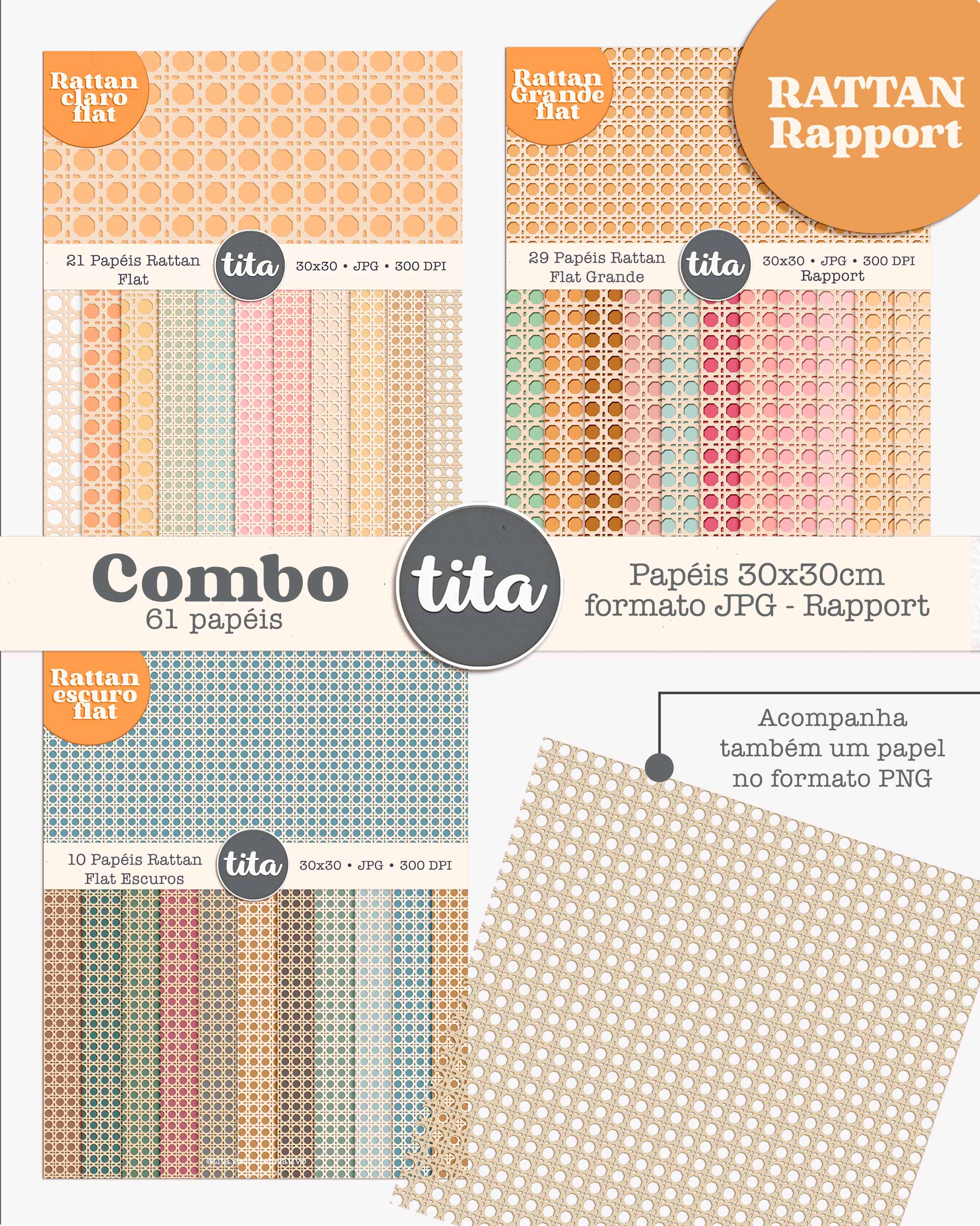 COMBO RATTAN RAPPORT Kit Digital Papeis Palha Indiana Ratan - Imagem 1