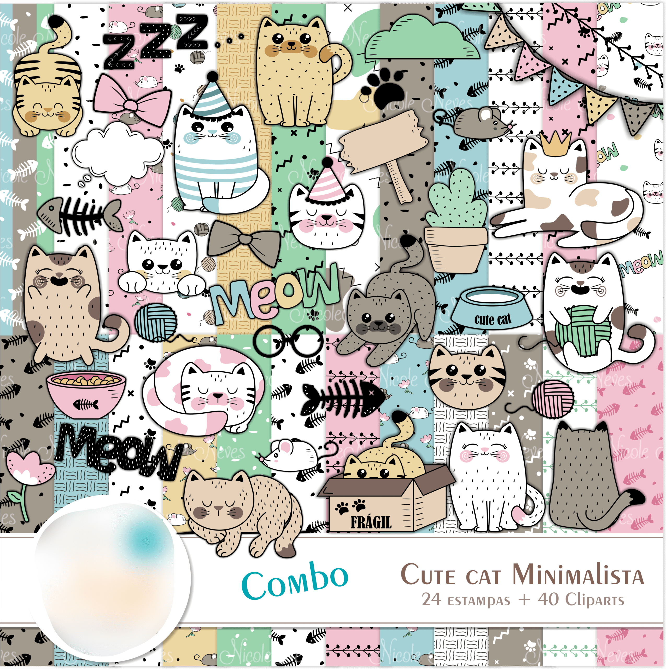 COMBO_CUTECAT_NN Kit Digital Papeis Gatinhos Minimalista - Imagem 1