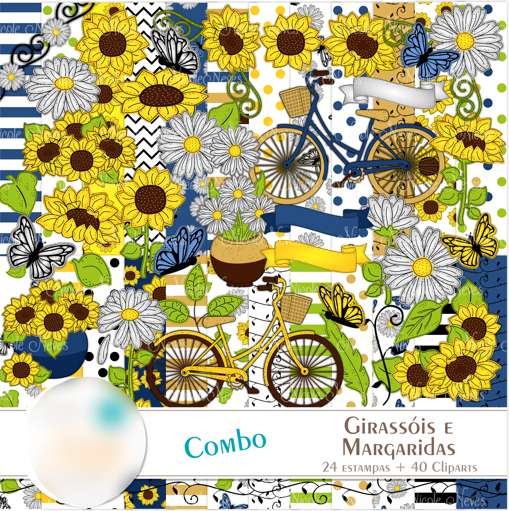 COMBO_GIRASSOISEMARGARIDAS_NN Kit Digital Papeis Girassois e Margaridas - Imagem 1